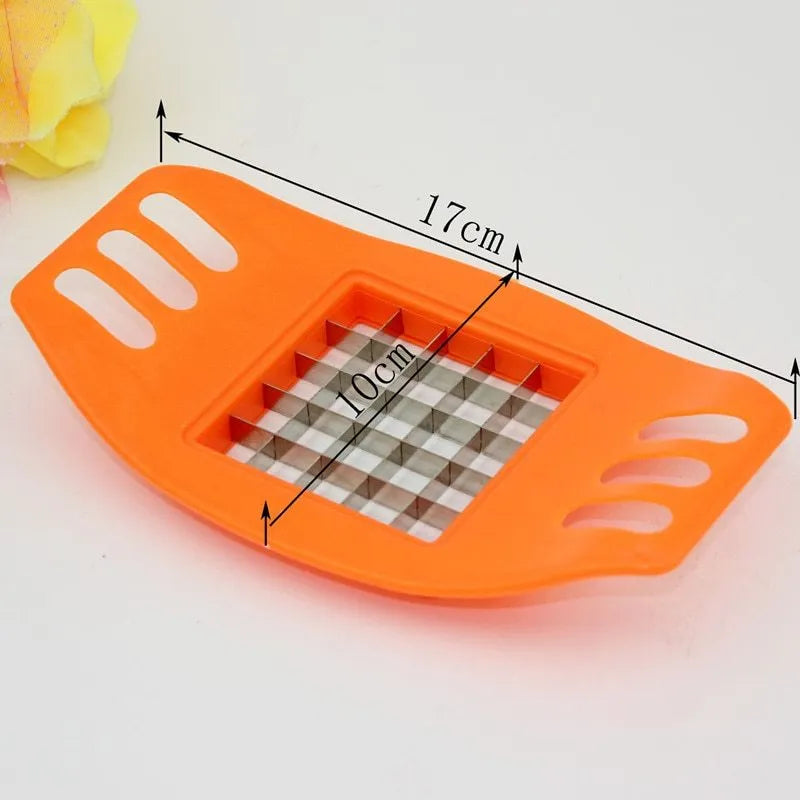 A potato cutter chopper with two stainless steel blades and a non-slip rubber foot on a kitchen counter.