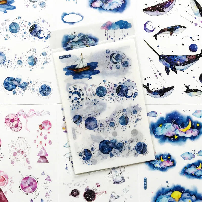 Abu Sticker set with fantasy stars design on Japanese paper, showing 10.5 by 14.1 cm size.