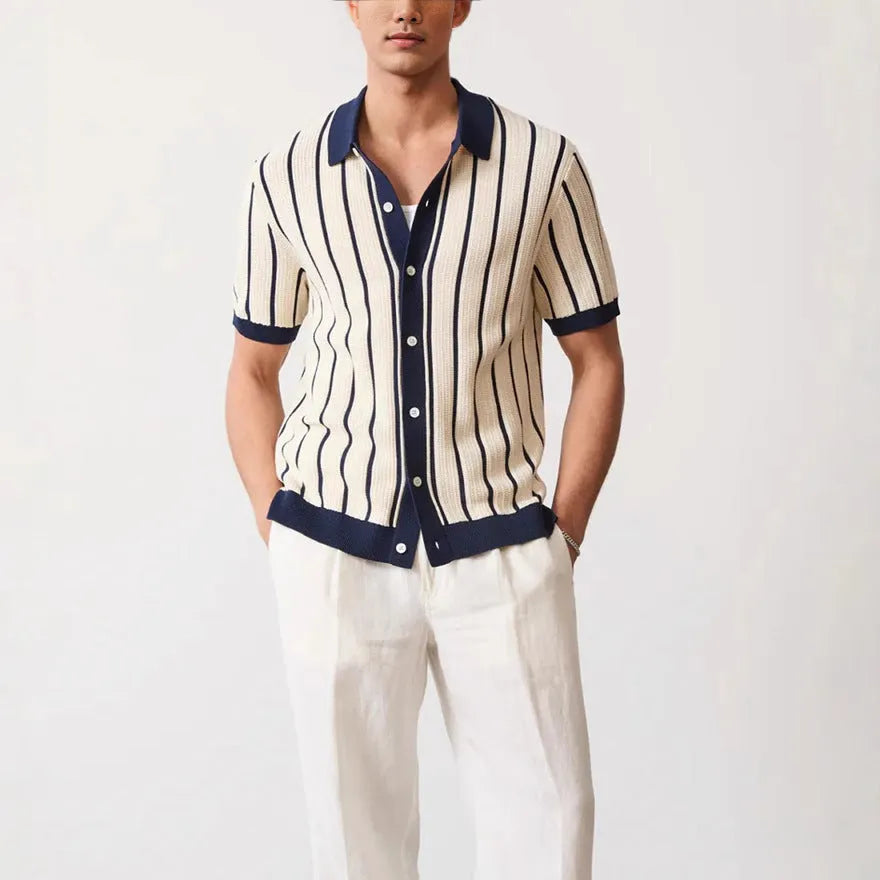 Men's white asymmetric lapel knitted top with short sleeves and striped pattern, made from ice silk and spandex fabric