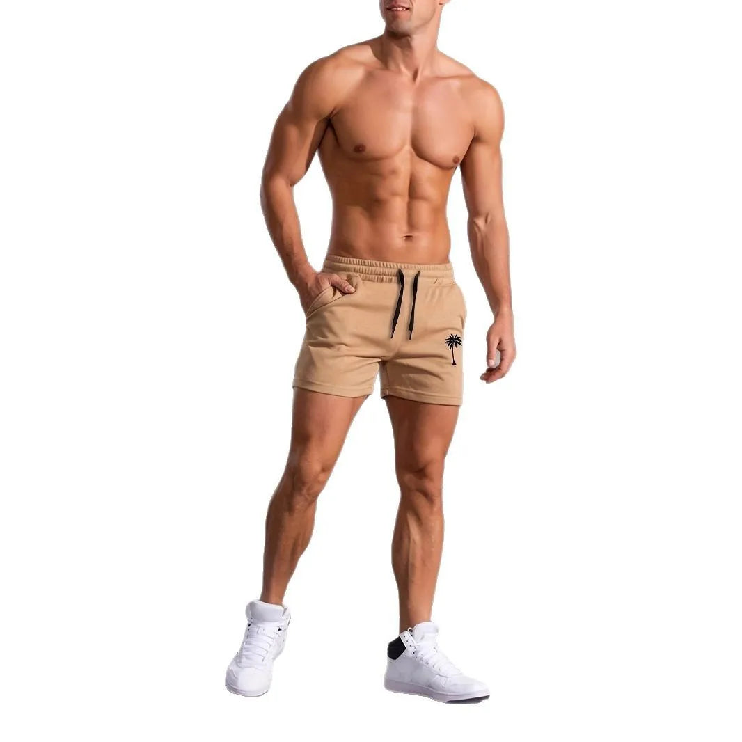Men's khaki coconut print polyester sports shorts with straight cut and micro elasticity