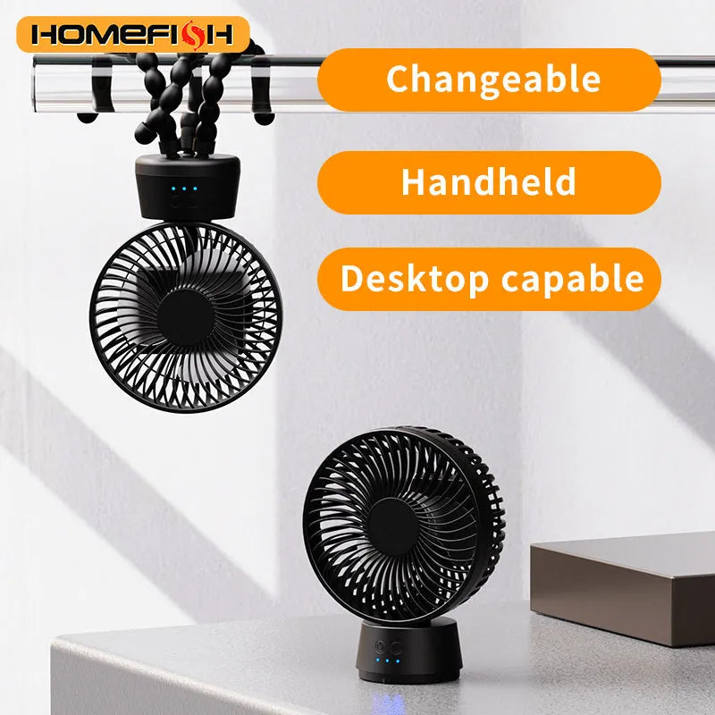 HOMEFISH F2 automatic shake head baby stroller fan with LED light and removable bracket on a stroller handle