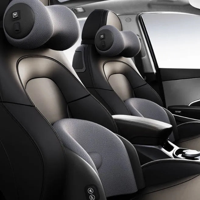 Memory cotton car massage cushion with separate headrest and lumbar support components in classic black colour