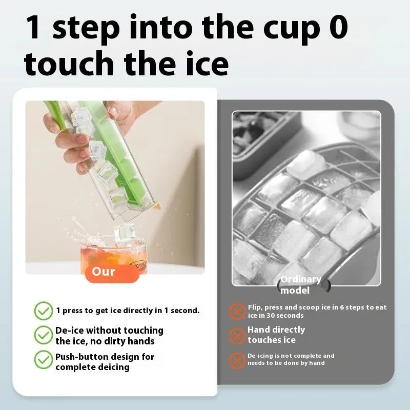 Ice cube tray mould with one-touch release mechanism and storage box in food-grade plastic