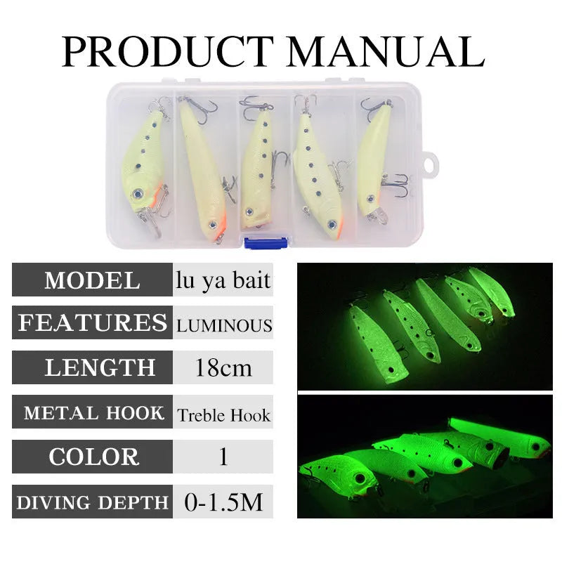 3D fluorescent simulation submerged luminous hard bait fishing gear five-piece set showing detailed scale patterns and luminous properties