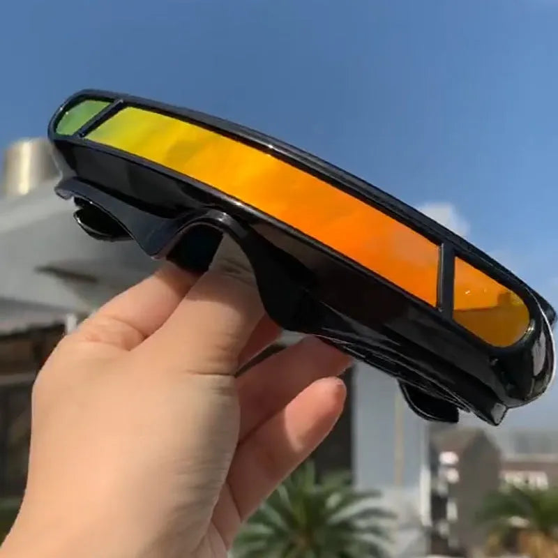 Polarised sports sunglasses with black frame and blue mercury lenses, full rim PC construction