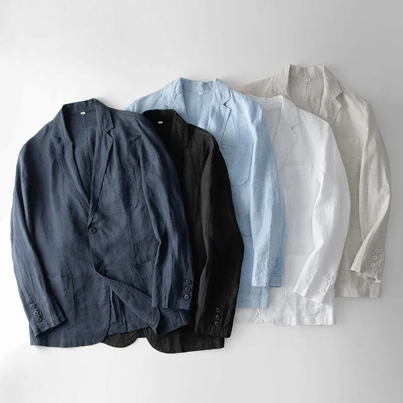 Men's linen casual suit jacket in loose fit available in multiple solid colours with long sleeves
