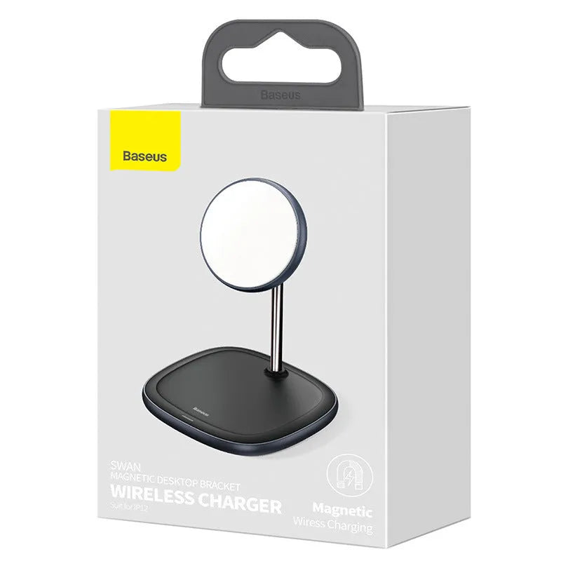 Swan magnetic desktop stand wireless charger for iPhone 12 series in black or white with Type-C cable