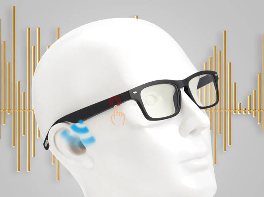 Smart glasses with PC+ABS frame, semi-open Bluetooth audio, and anti-blue light lenses for hands-free use.