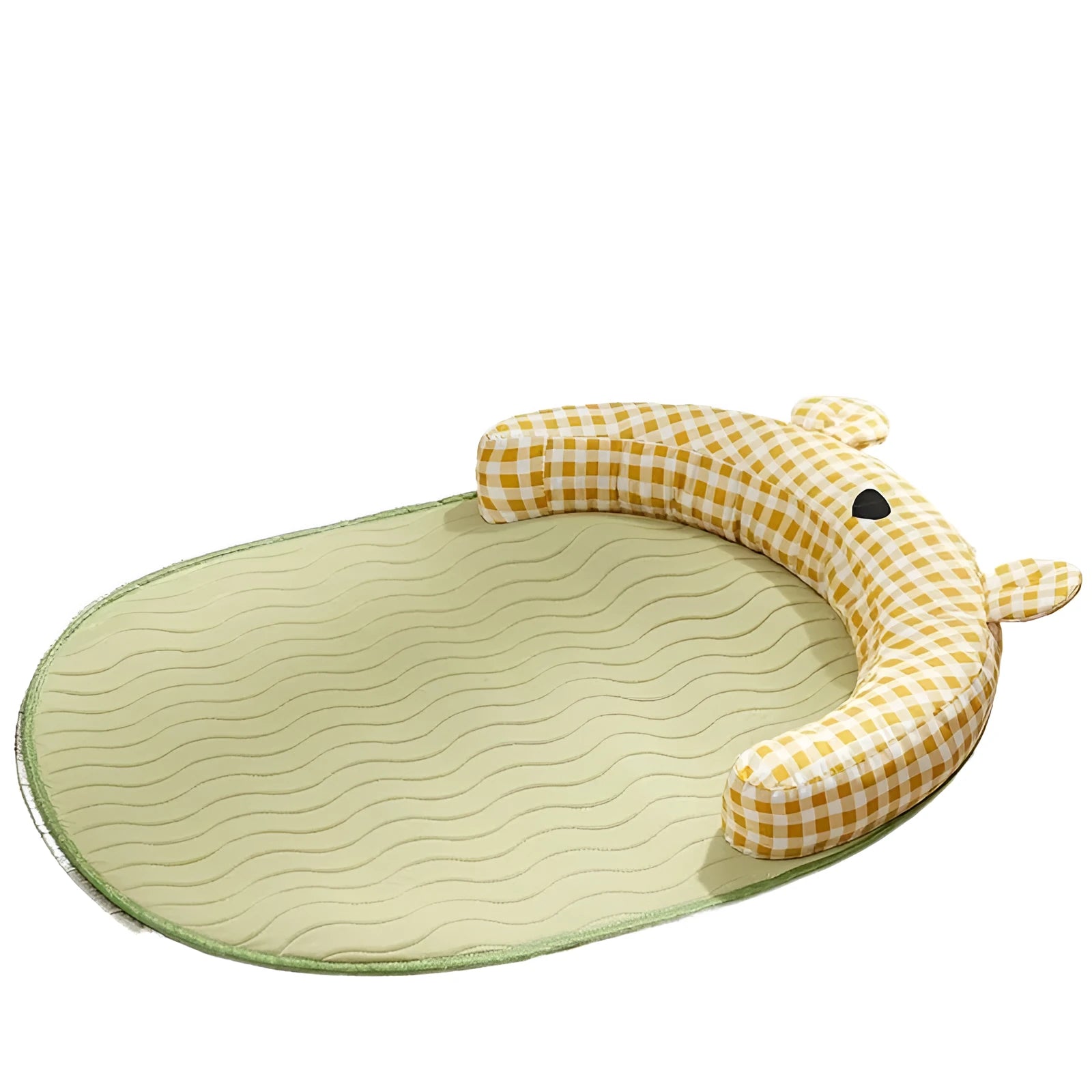 Four-season dog mat with removable cover in green or yellow, showing four size options for small to medium pets