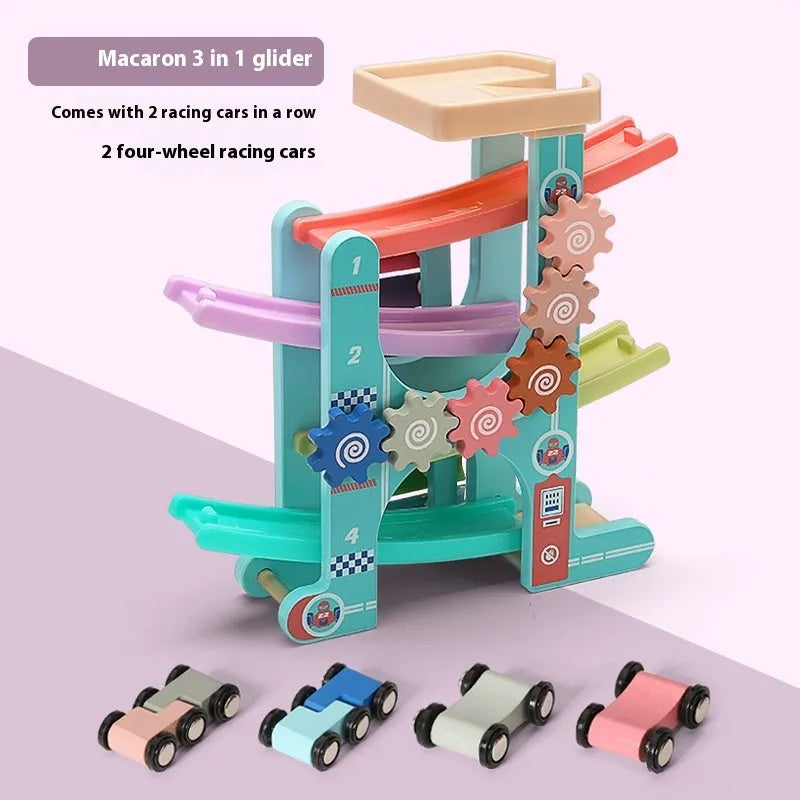 Children's wooden multi-layer gliding car track toy for ages 4-6 with colourful sliding car and track pieces