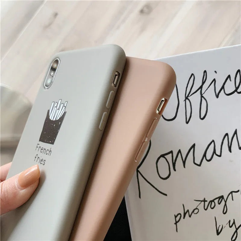 Soft matte silicone iPhone case with cute coffee or fries design pattern