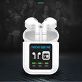 White stereo sports in-ear headphones with Bluetooth 5.0, charging compartment, 13mm sound unit, and 20m transmission distance