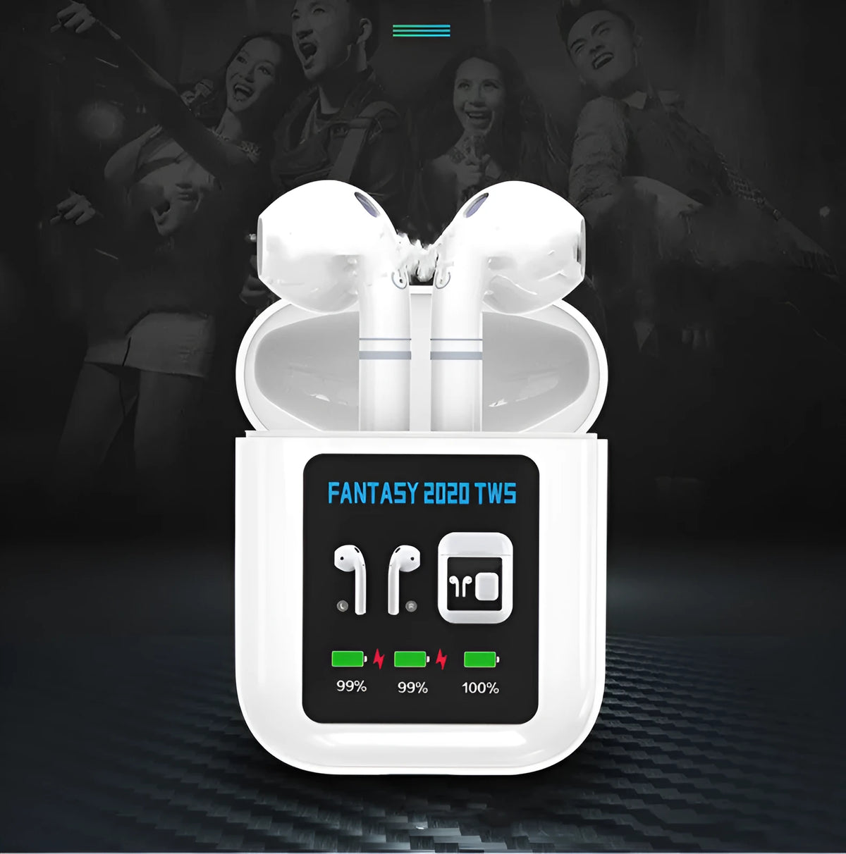 White stereo sports in-ear headphones with Bluetooth 5.0, charging compartment, 13mm sound unit, and 20m transmission distance
