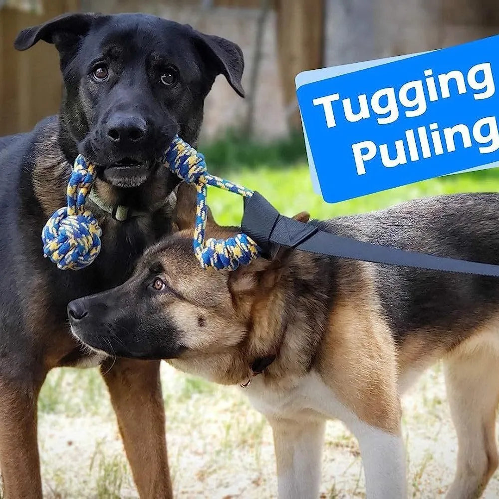 Green cotton thread dog tug of war rope toy with bite-resistant construction for indoor and outdoor play