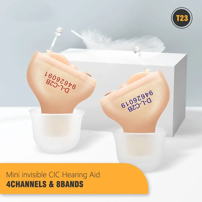 Mini T23 completely-in-canal hearing aid unit with a selection of ear dome sizes for fitting.