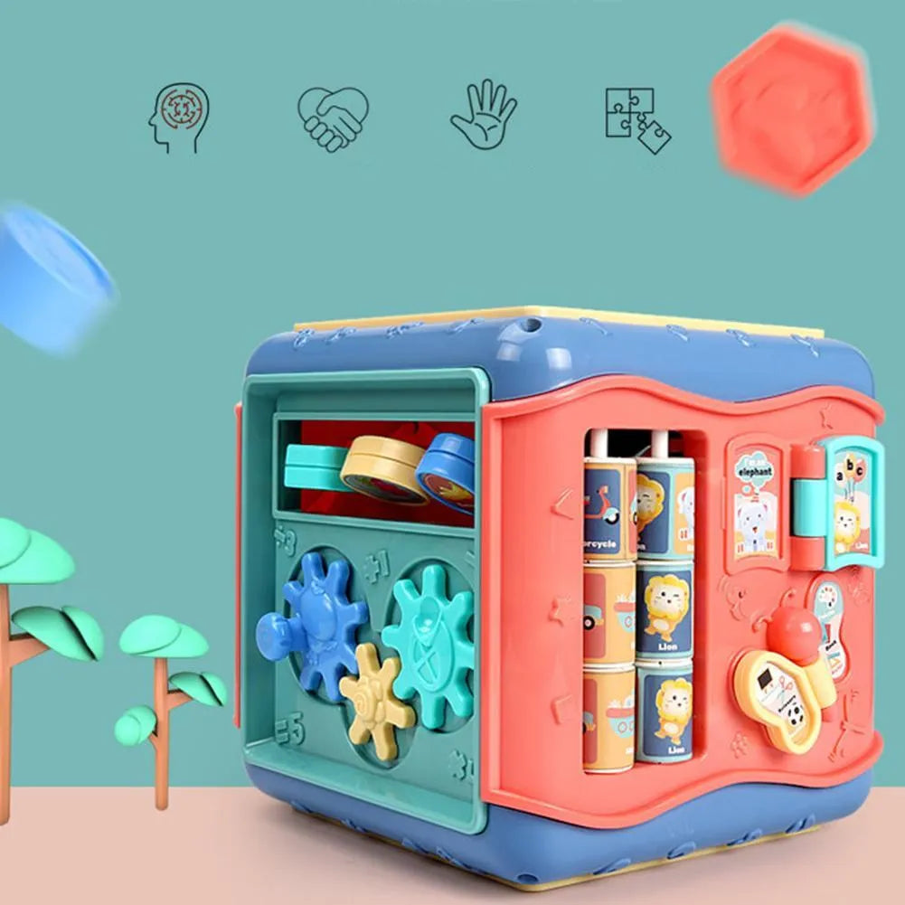 Montessori hexahedron educational toy with six different learning activities on each side
