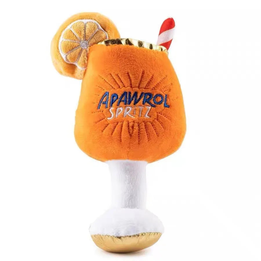 Yellow plush beer bottle dog toy with squeaker on white background