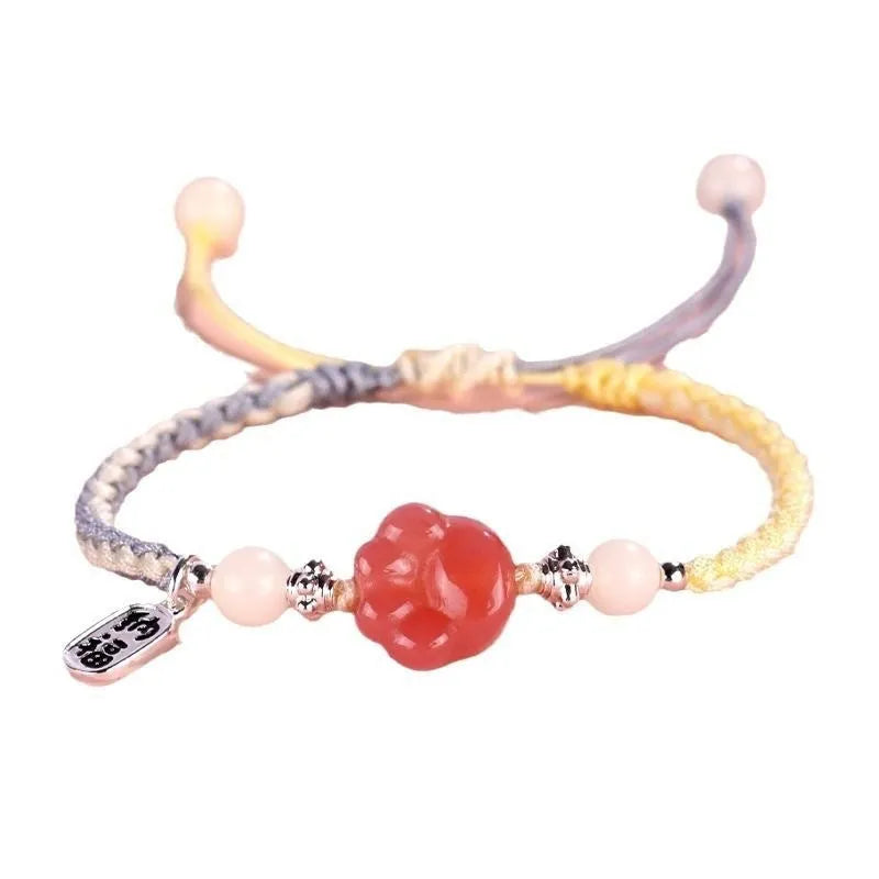 Red cat's paw couple bracelet with woven glass beads in handcrafted pastoral design