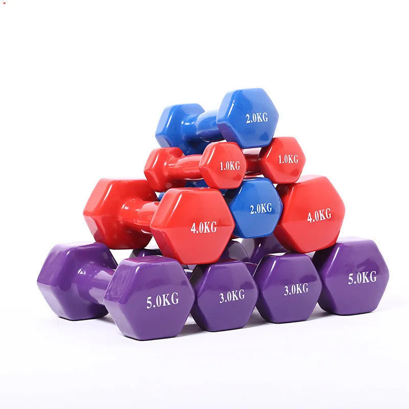 Bright colour plastic-coated fitness dumbbells with glossy surface for floor protection during home workouts