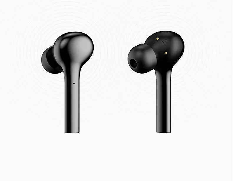 Black and white touch-controlled wireless in-ear headphones with a charging case.