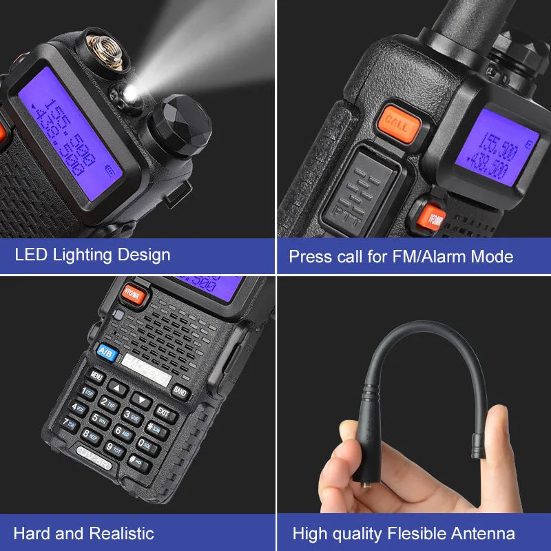 Dual-band VHF UHF walkie talkie with 5-10 km range, 128 channels, and compact 110x58x32 mm size