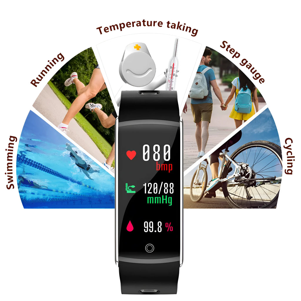 F10T body temperature smart bracelet with colour touchscreen on a silicone wrist strap
