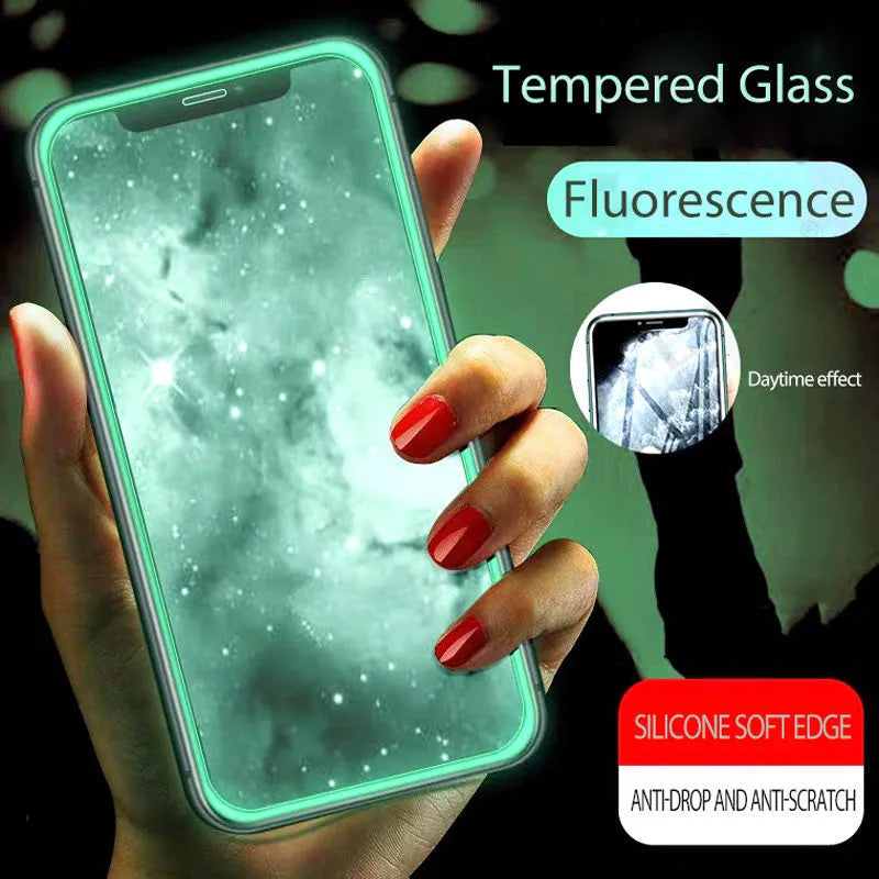 Luminous tempered glass screen protector glowing on iPhone in dark room with 9-layer protection diagram