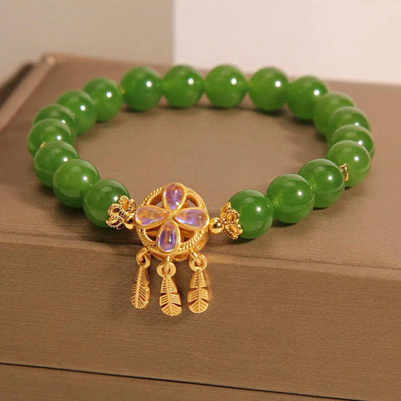 Women's green jasper crystal bracelet with four-leaf clover dream catcher pendant original design