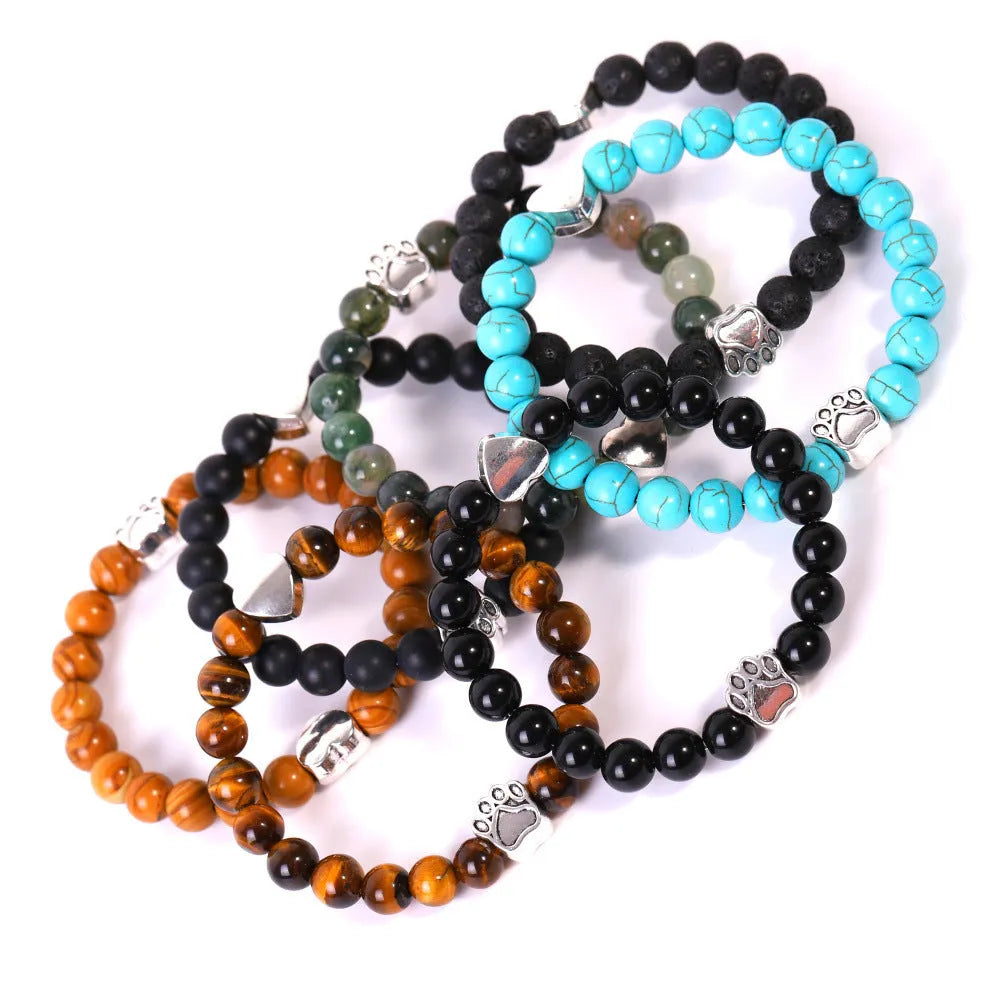 Tigereye Indian Agate stone bead bracelet with geometric shapes, dog's paw design and Peach Heart charm