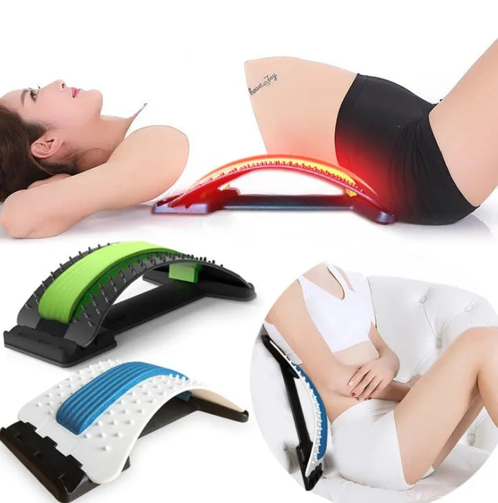 Lumbar back stretcher with magnetic points and adjustable stretch in ABS and NBR, folded for storage