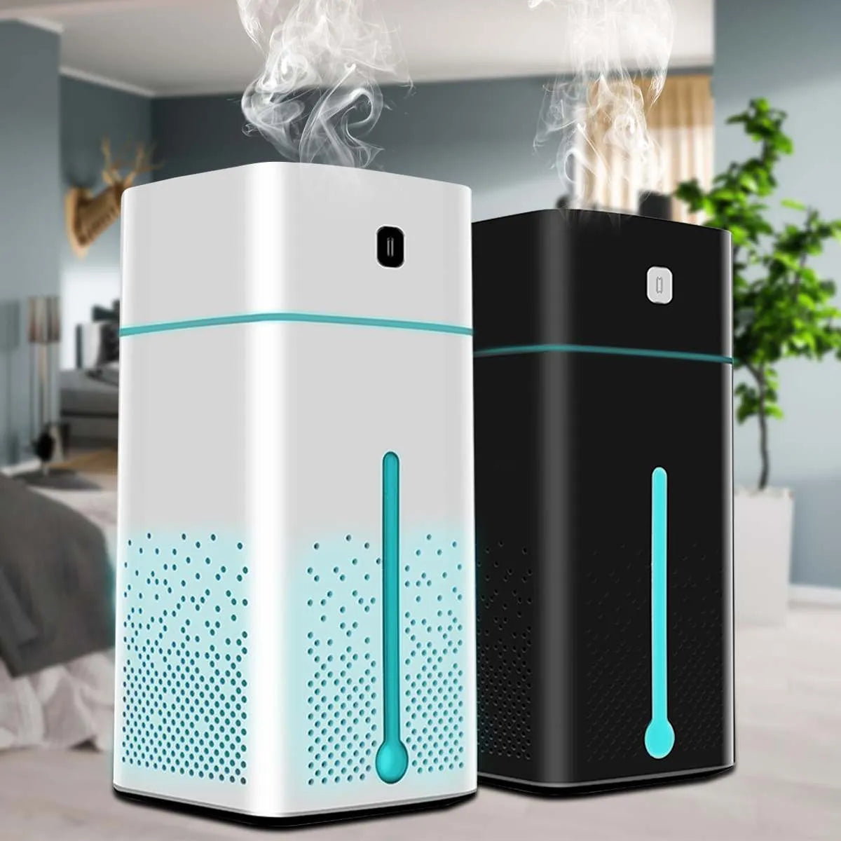 Black and white desktop humidifier measuring 103x103x218mm with 1000ml capacity and USB interface