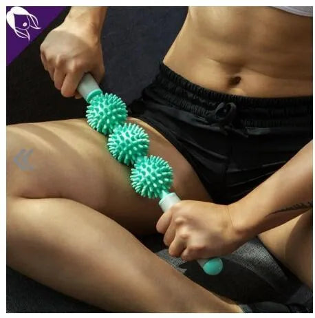 Anti cellulite massage stick with hedgehog balls and padded handles, 41cm or 51cm, in green blue red orange purple.