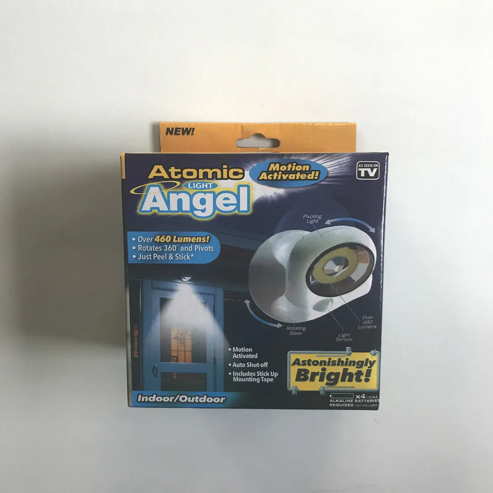 White Atomic Angel induction light with ABS plastic housing, showing dimensions.