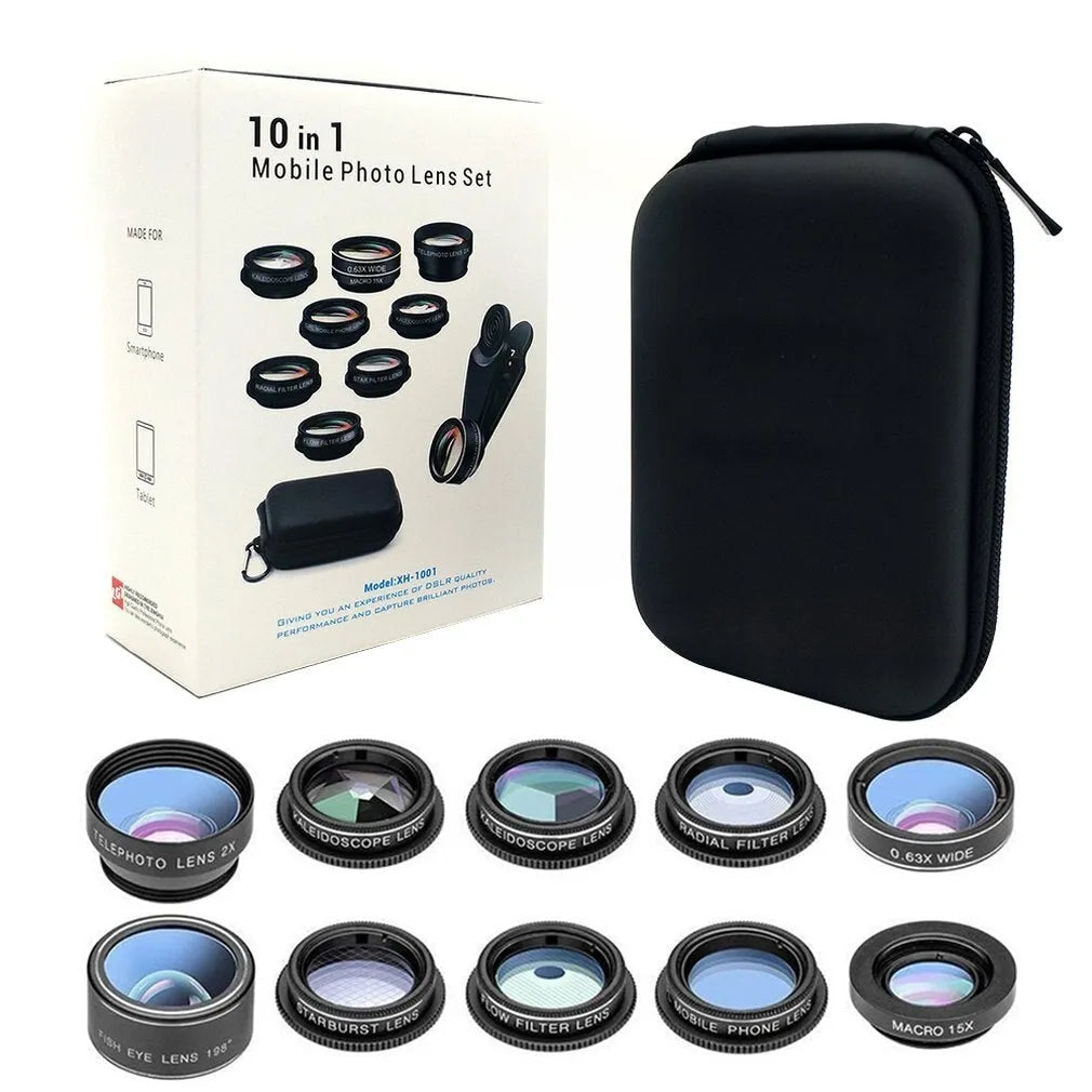 Black 10-in-1 set of external mobile phone camera lenses with aluminium-magnesium alloy housing.