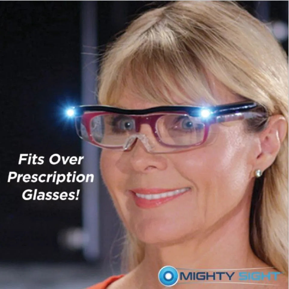 USB LED light transparent reading glasses with 41g ABS frame, 14.5x16.3cm size, scheduled illumination feature