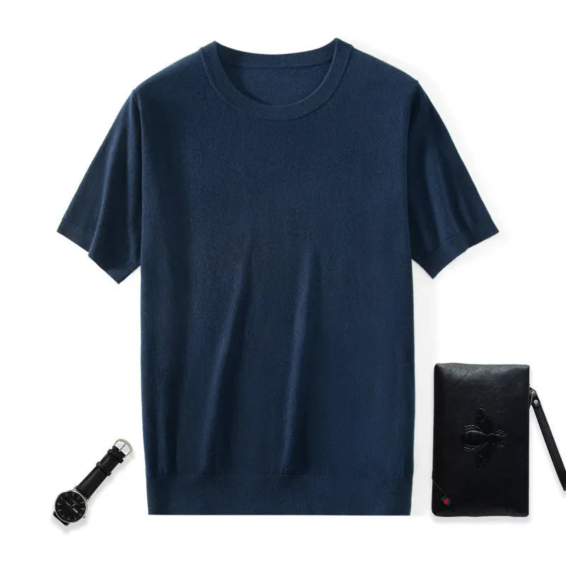 Men's thin knitted wool short sleeve casual shirt in loose fit design