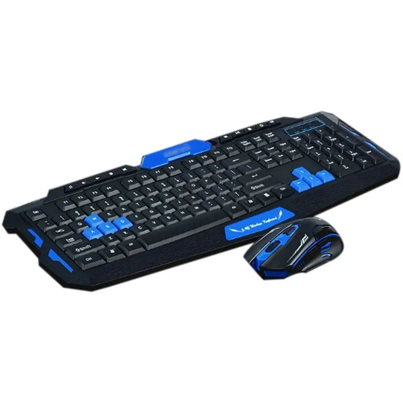 Black and blue wireless keyboard and mouse set with ergonomic design showing dimensions