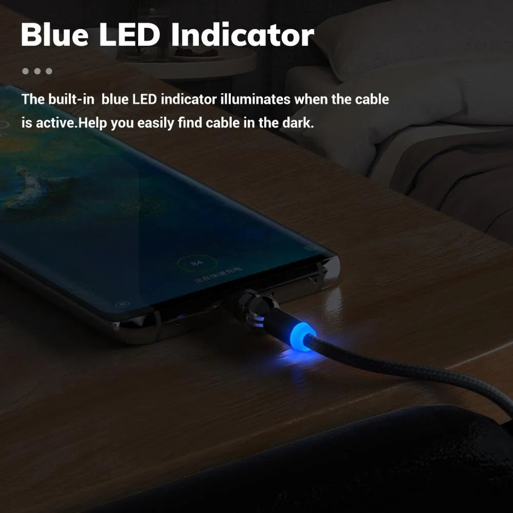 Black spherical magnetic charging cable with LED light showing aluminium alloy connector