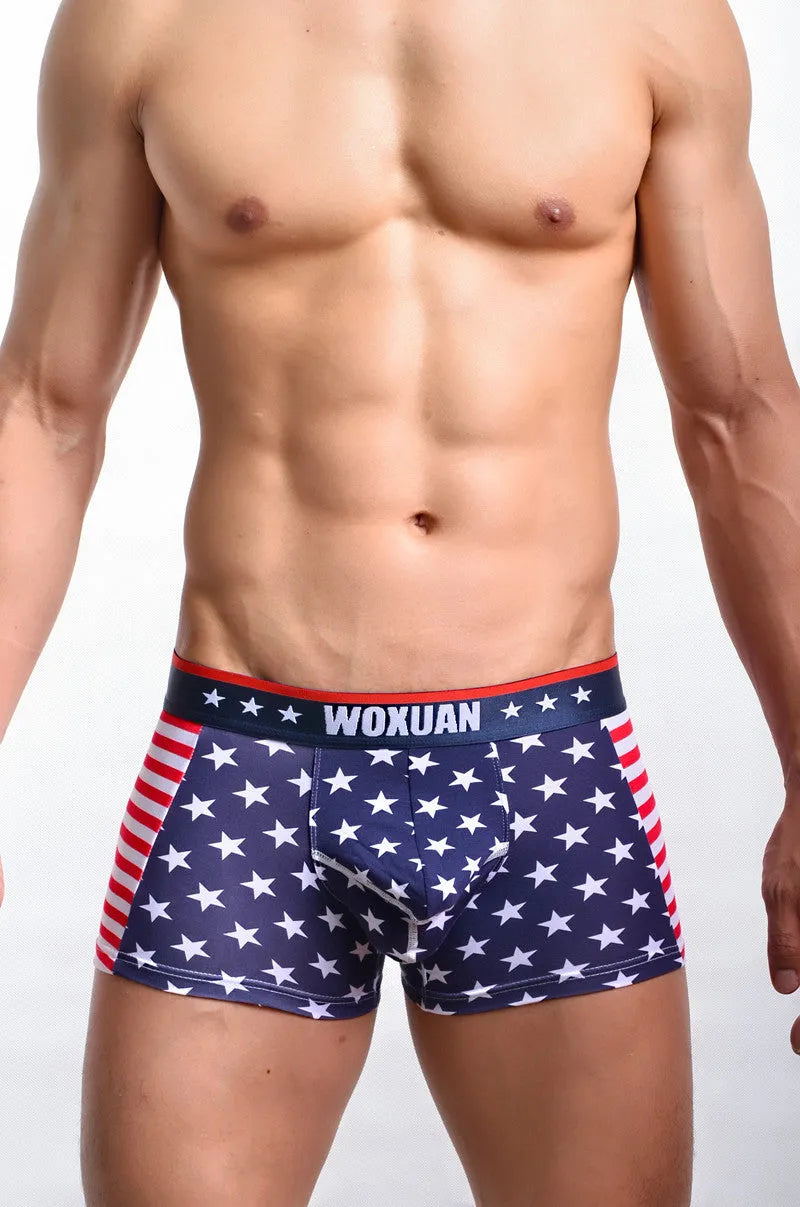Red ribbed boxers with American flag print, cotton spandex blend, sizes S-XL