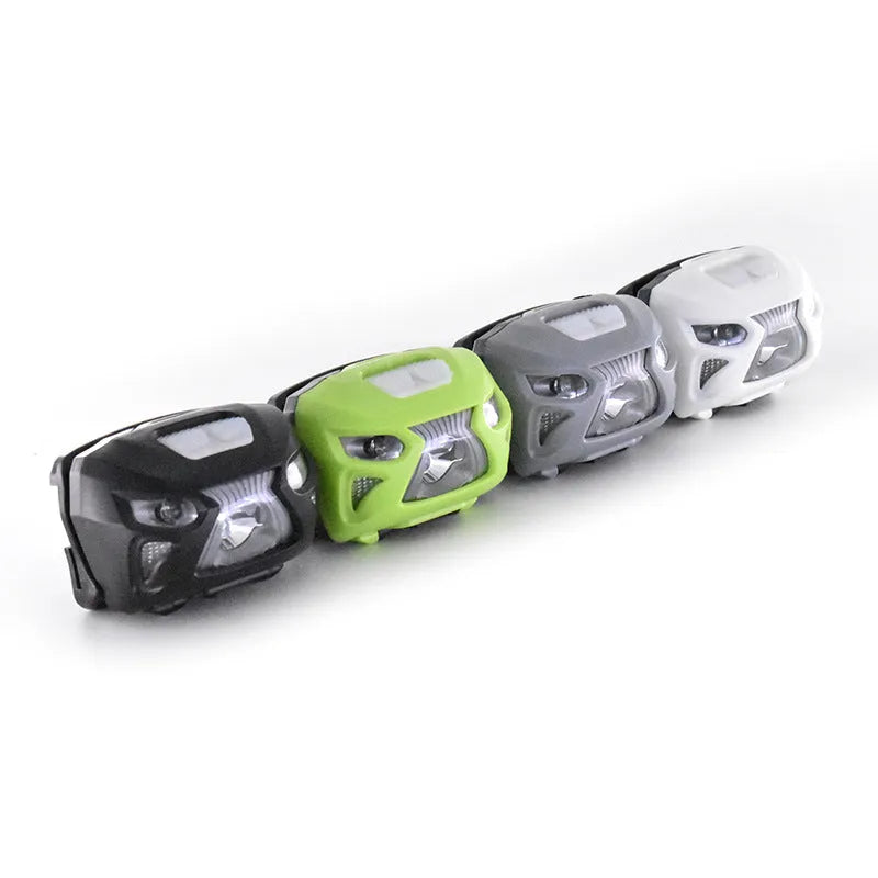 Rechargeable LED head-mounted sensor headlight with webbing strap in black, green, grey or white colours
