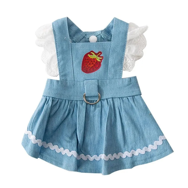 Bondi blue denim skirt for dogs with a strawberry print, shown on a small dog.