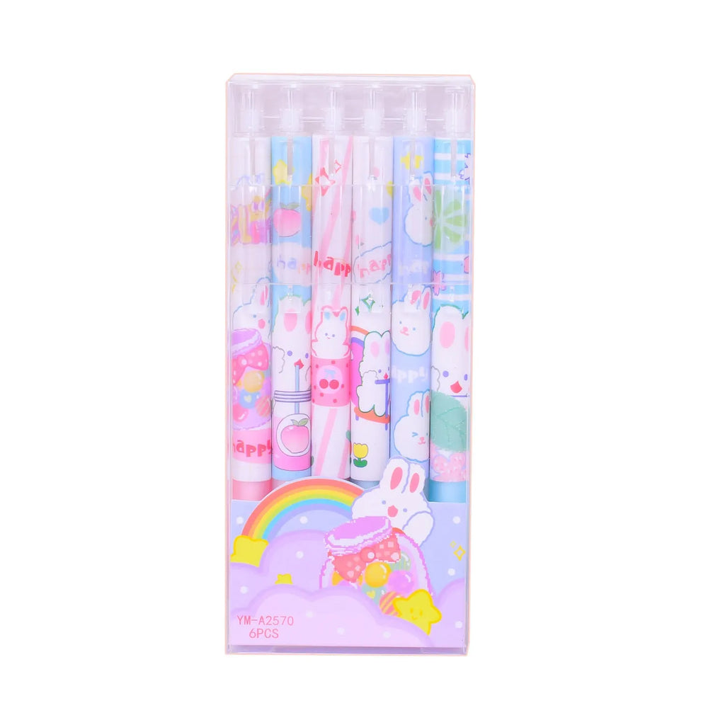 Six black ink signature pens with 0.5mm tips and cartoon bunny designs