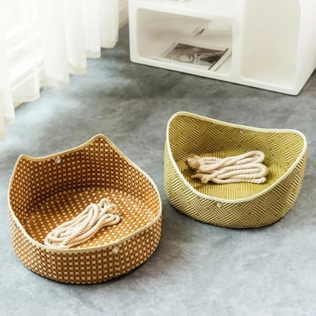 Green rattan cat hammock with metal hooks, shown hanging in a cage.