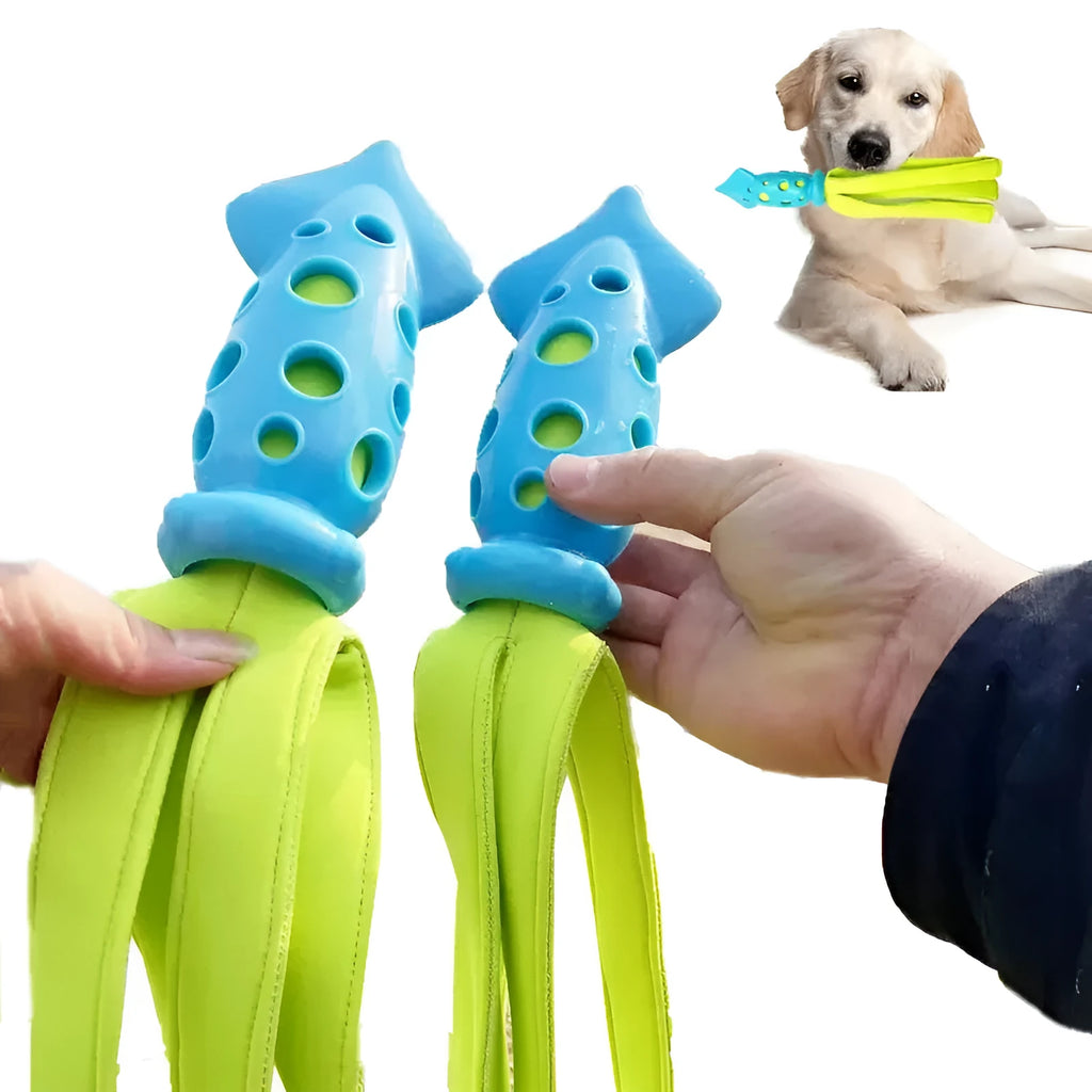 Blue cuttlefish-shaped dog chew toy approximately 39cm long with rubber and waterproof cloth construction
