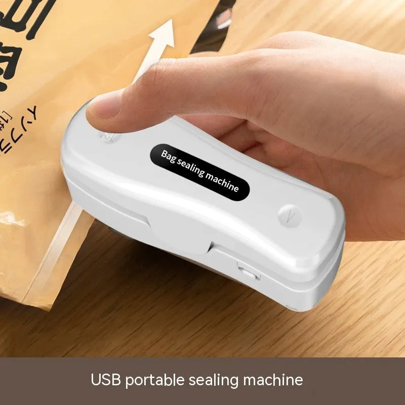 Portable USB rechargeable food sealing machine in milky white with magnetic patch