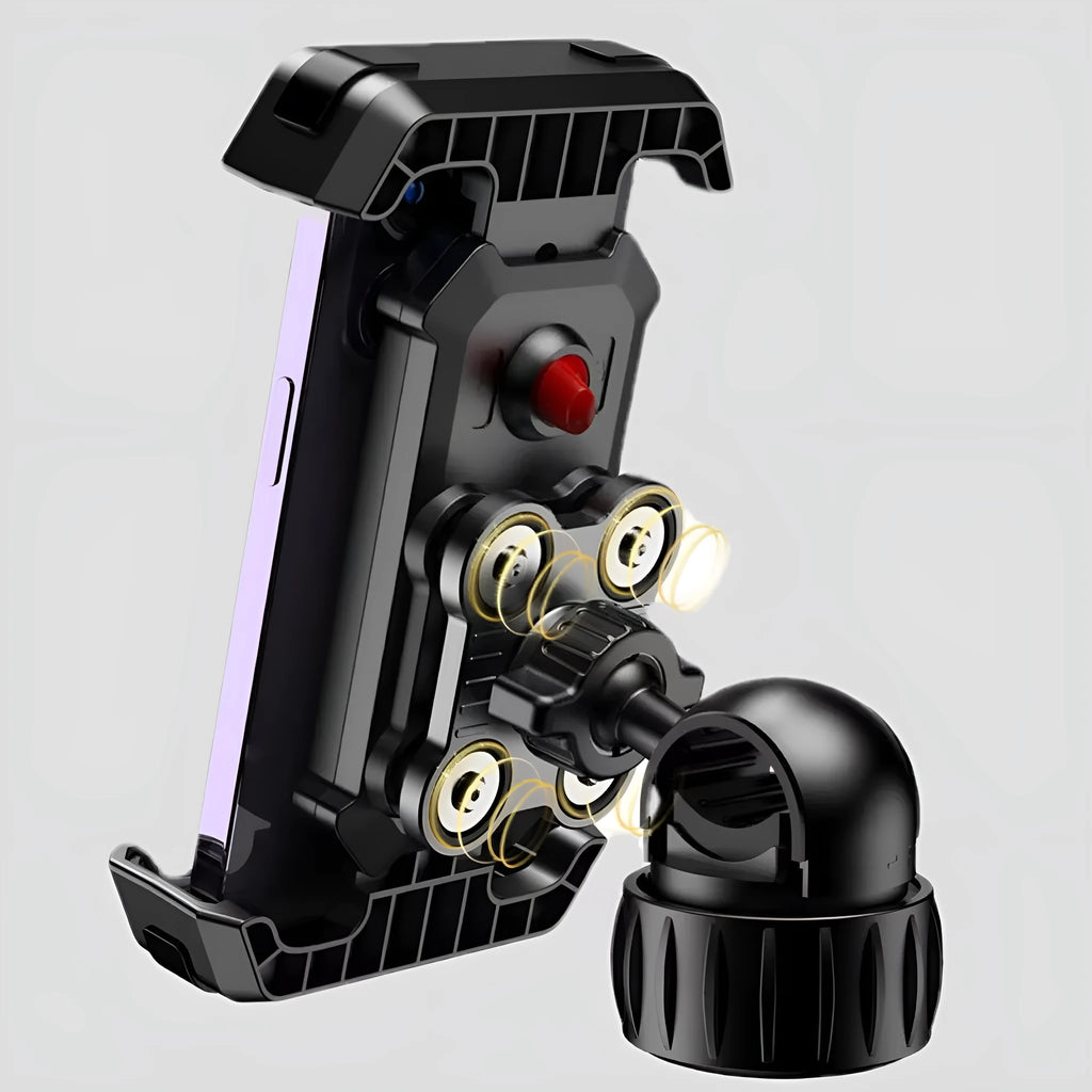 Black ABS plastic cycling phone mount on bicycle handlebars with adjustable knob.