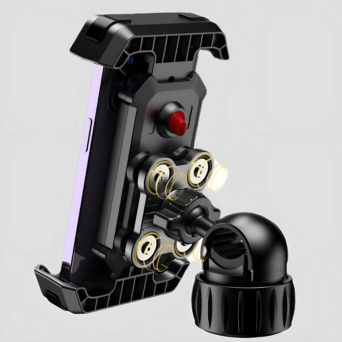 Black ABS plastic cycling phone mount on bicycle handlebars with adjustable knob.