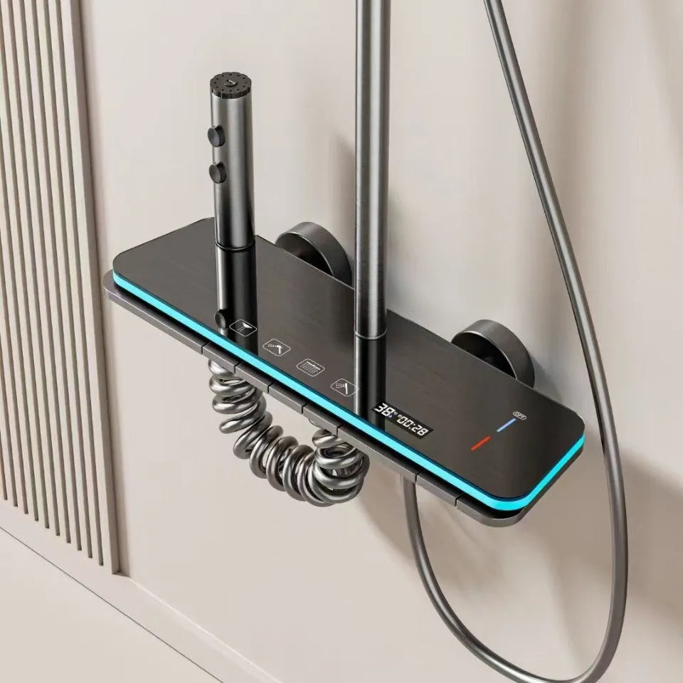 Aluminium digital display shower head set with temperature control and four hot/cold gear settings
