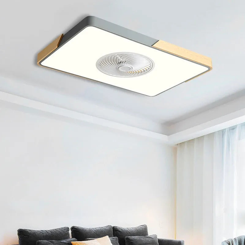 Nordic style ceiling fan with integrated light fixture in a solid wood housing, shown in rectangular, round, and square size options.