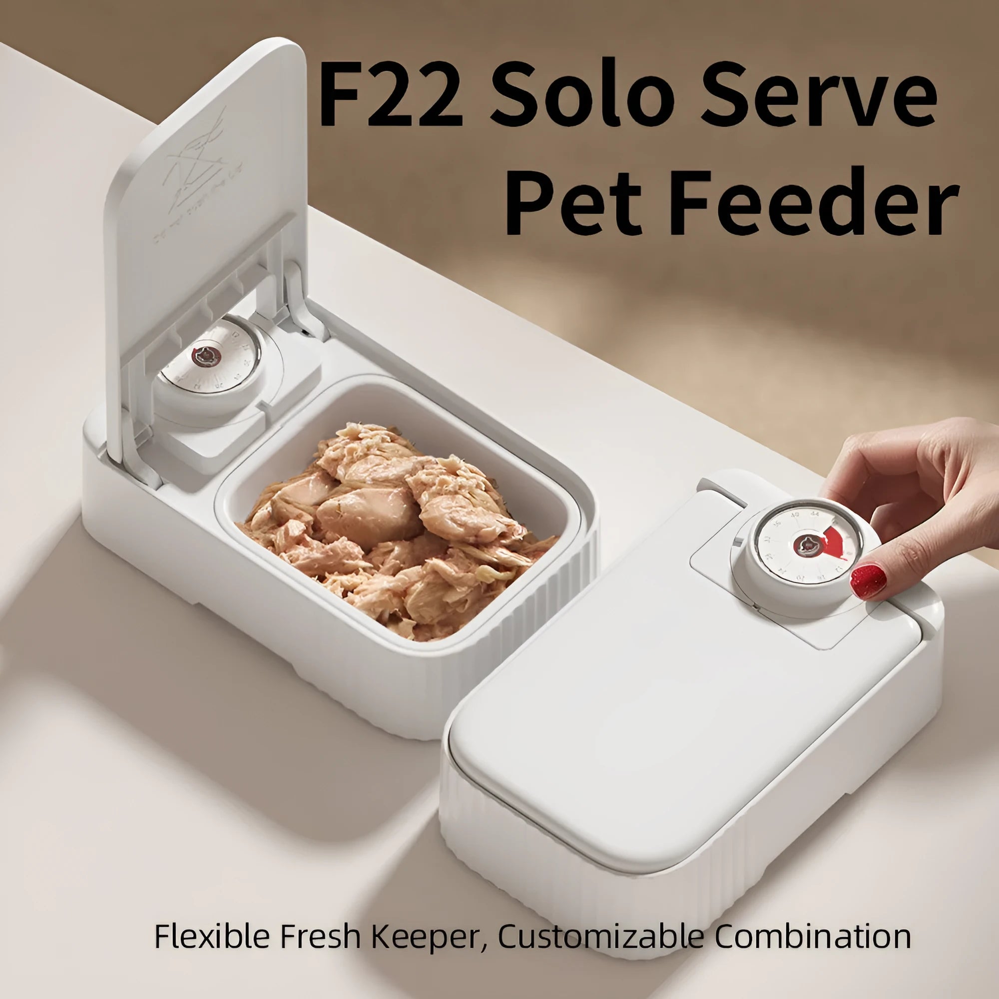 White automated pet feeder with timer display and a removable ice crystal cooling box underneath.